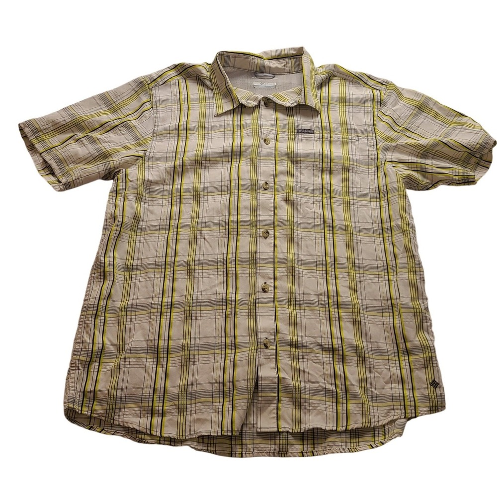 Columbia Mens L Omni-Shade Plaid Button Down Shirt Short Sleeve Lime Green White